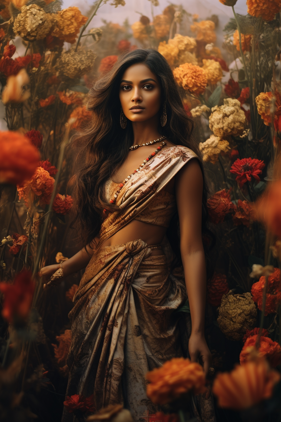 Indian woman in saree surrounded by flowers