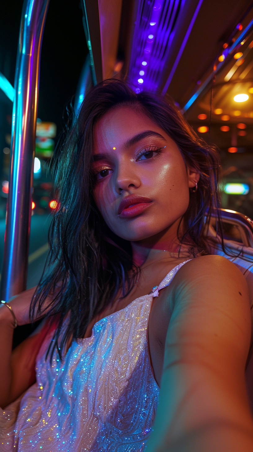 Indian woman in taxi at night