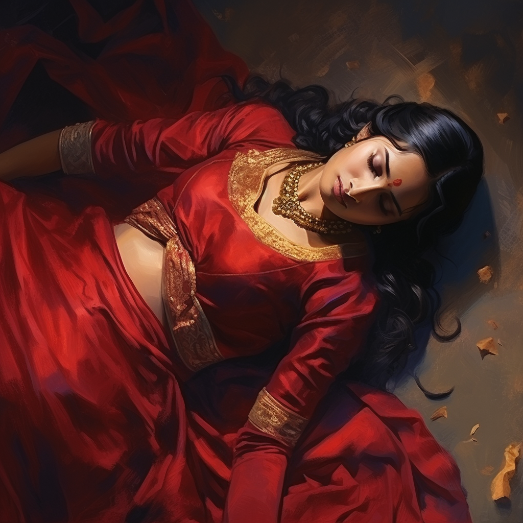 Unconscious Indian woman in red lahenga lying on floor