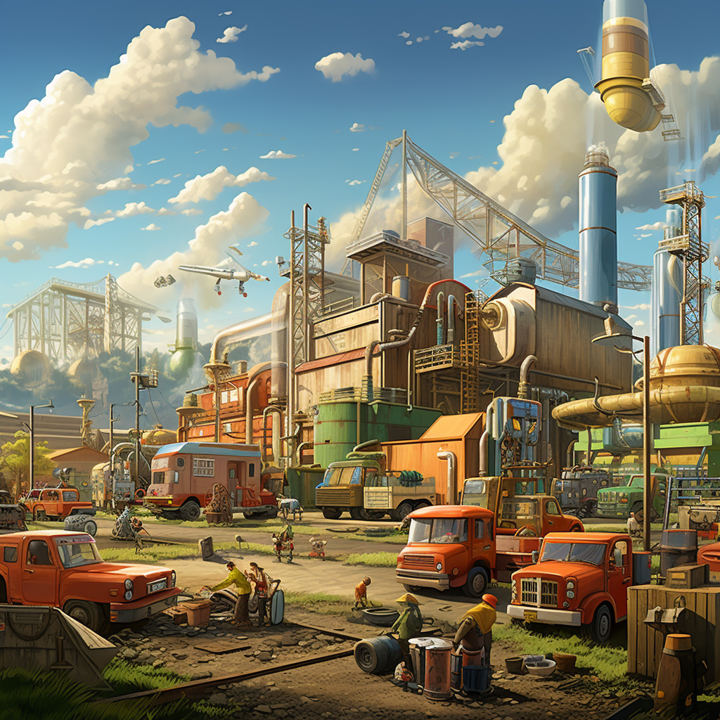 Industrial Landscape with Mechanics Repairing Transportation Trucks