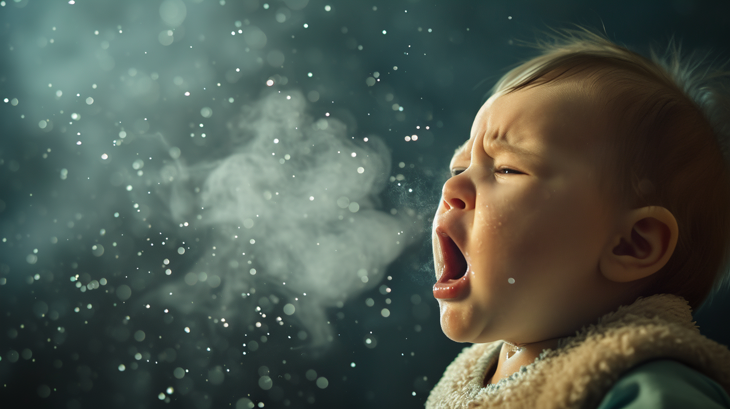 Infant coughing with flying droplets