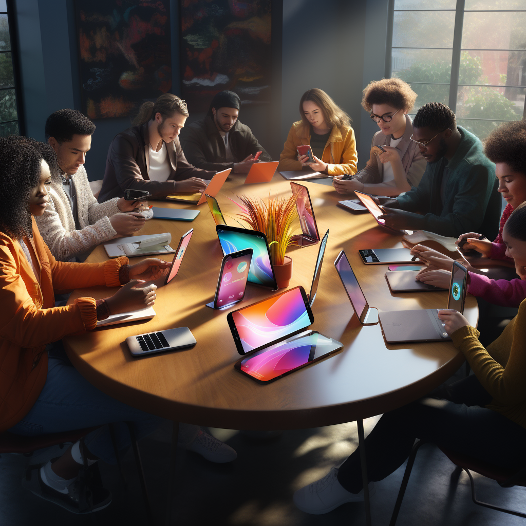 Innovative youth employees using phones at table