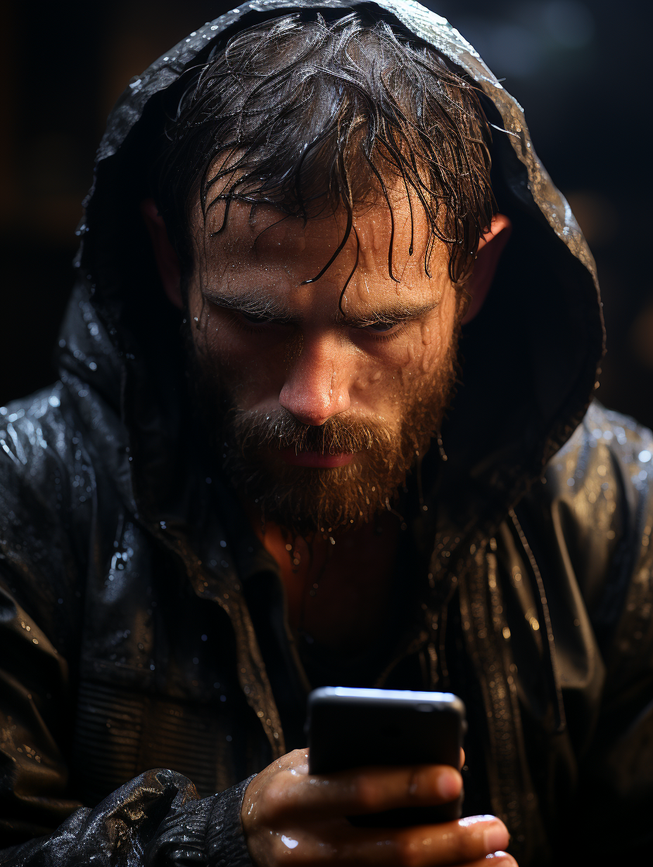 Sweating man using iPhone in intense action movie scene