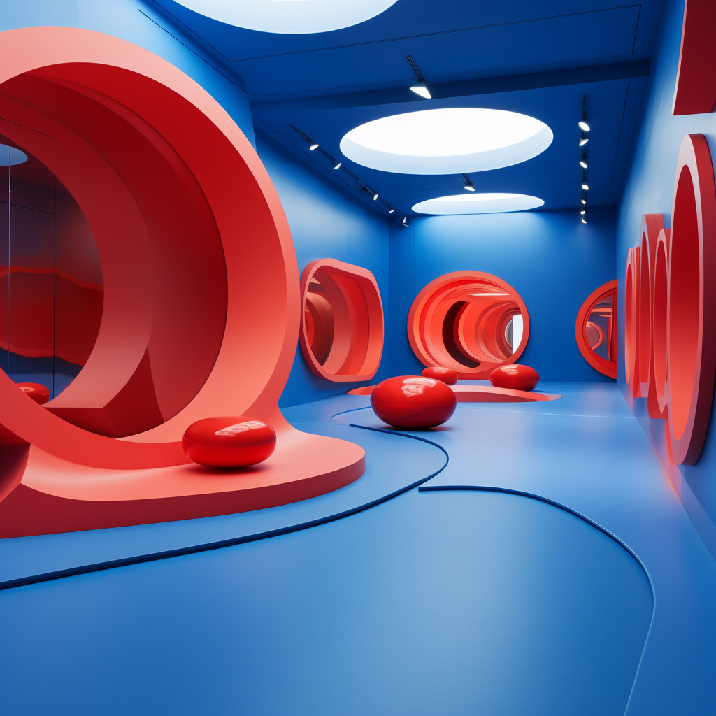 Interactive exhibition room in blue and red