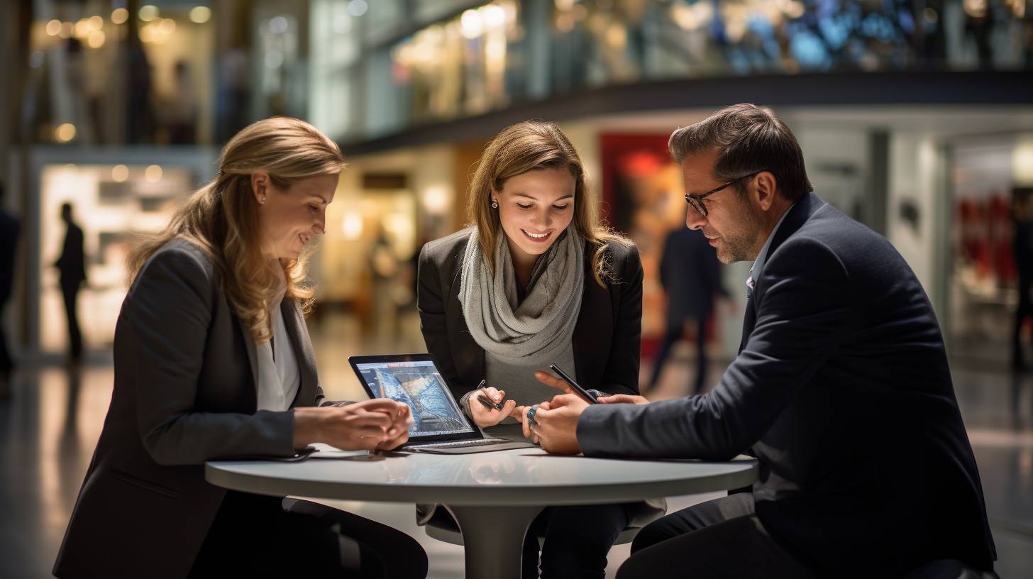 Group using tablets at interactive table