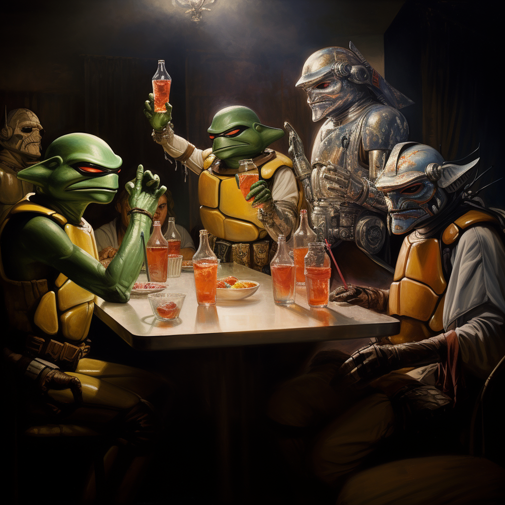 Characters celebrating at intergalactic party
