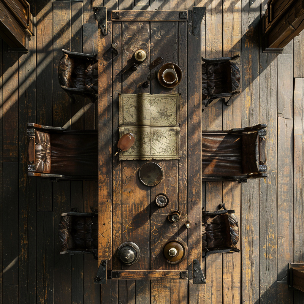 A map on a wooden table in a warhammer style tavern