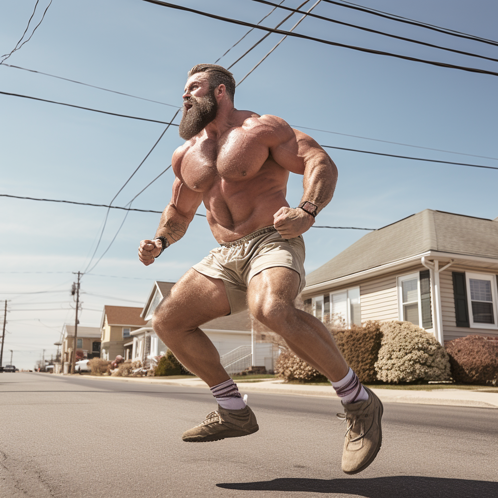 Muscular man clicking heels on suburban street