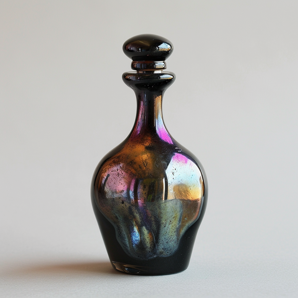 Iridescent black liquid in elegant fiole