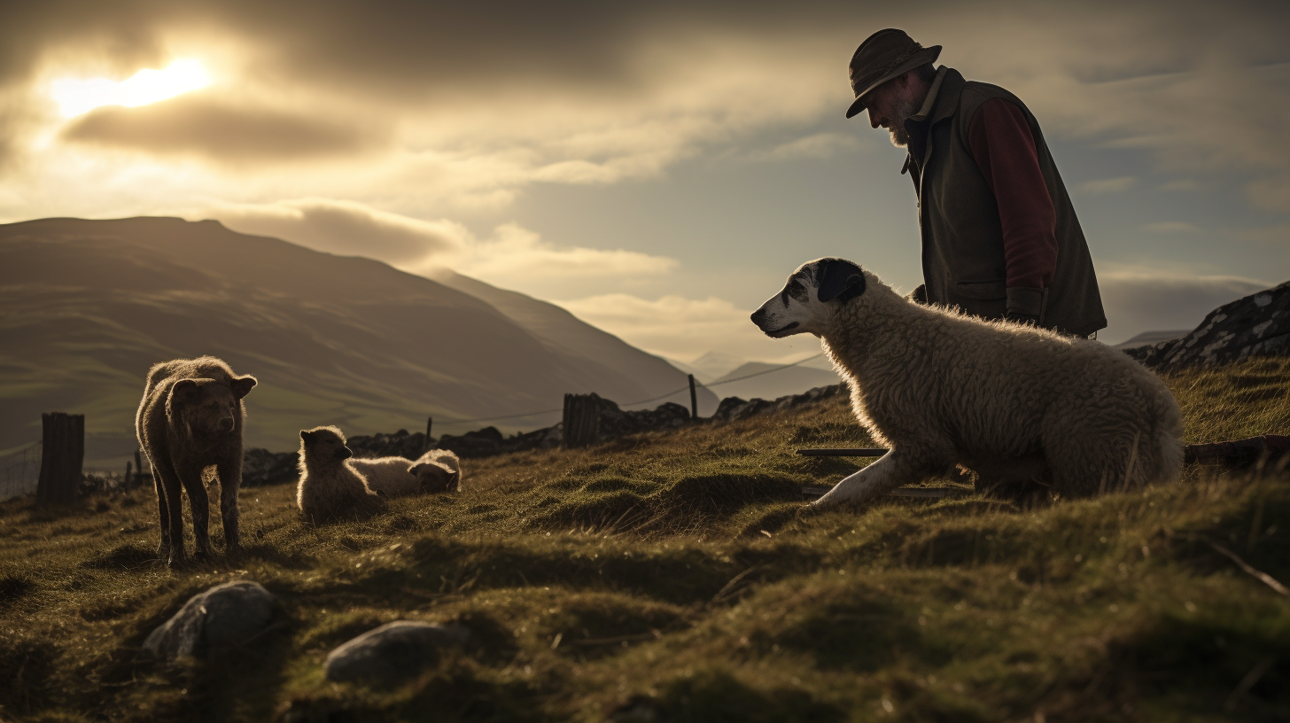 Irish farmer with collie dog and sheep