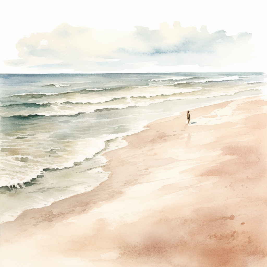 Watercolor illustration of lonely beach figure