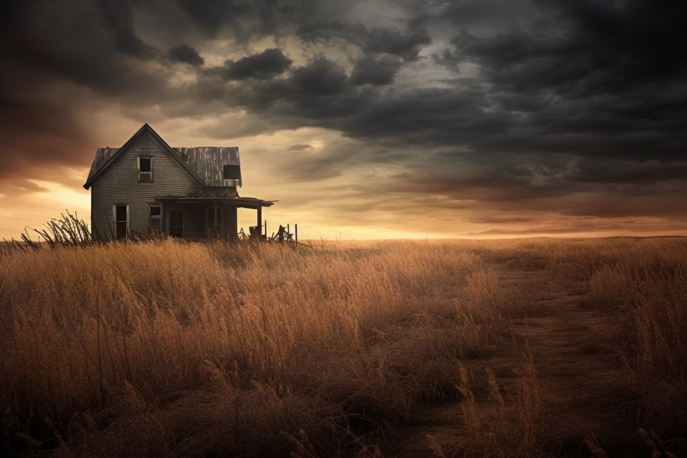 Small old farmhouse in tall grass