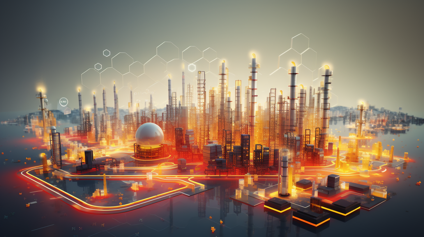 Isometric data visualization of chemical plant and metropolis