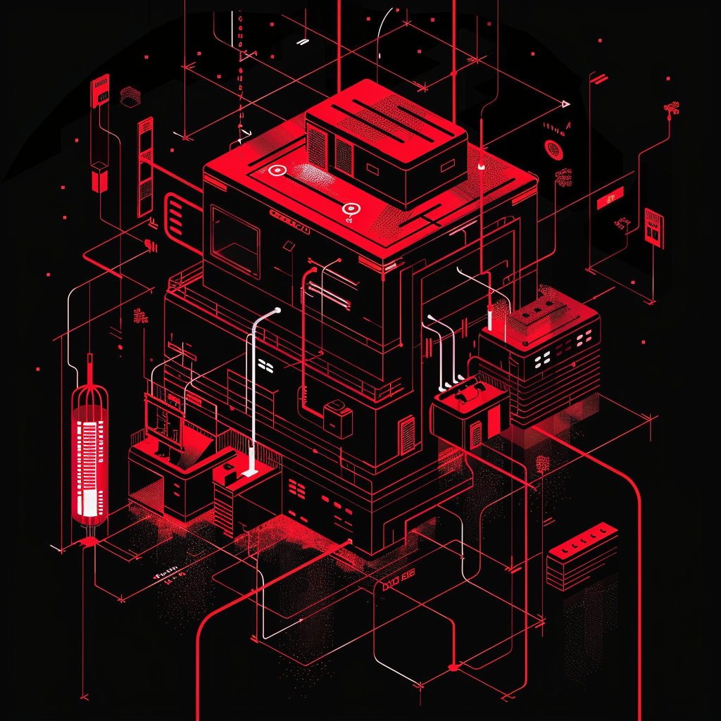 Isometric building schematic dark red white