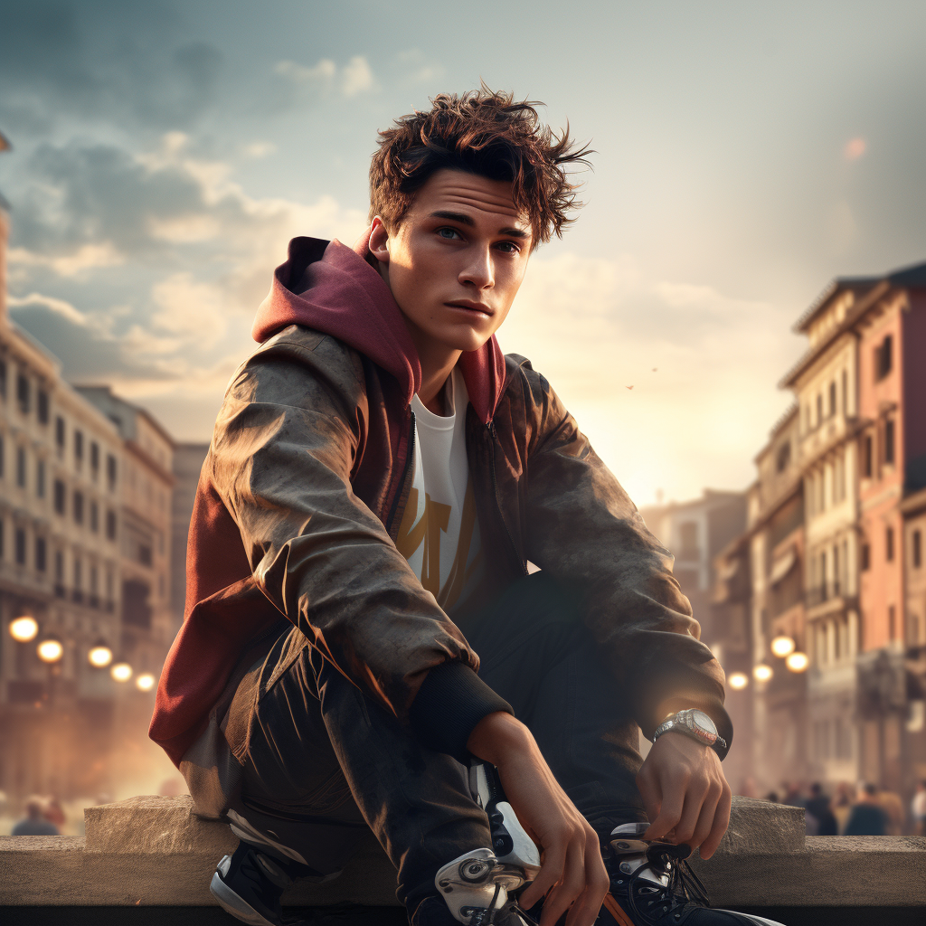 Young Italian man in dystopian city with skateboarders