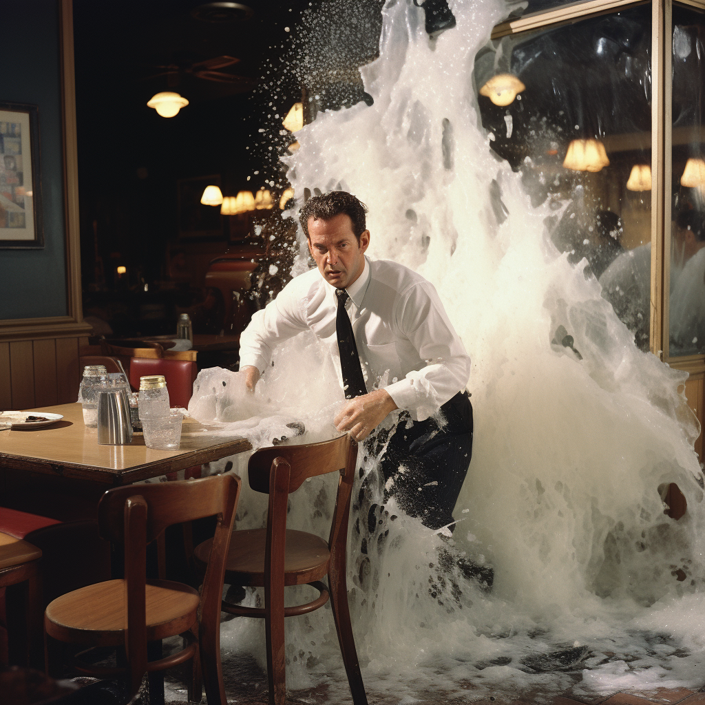 Middle-aged man in an Italian restaurant with exploding milk