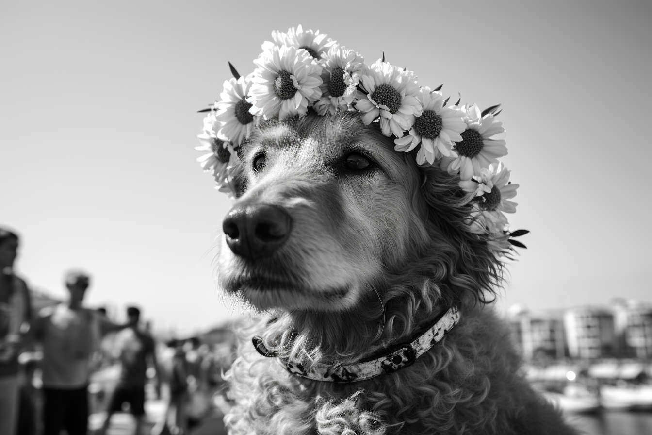 Dog selling flowers at Izmir Foca beach