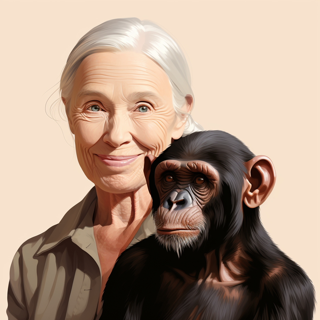 Jane Goodall smiling with chimpanzee