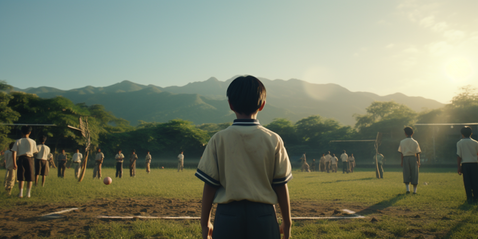 Japanese elementary students playing baseball game