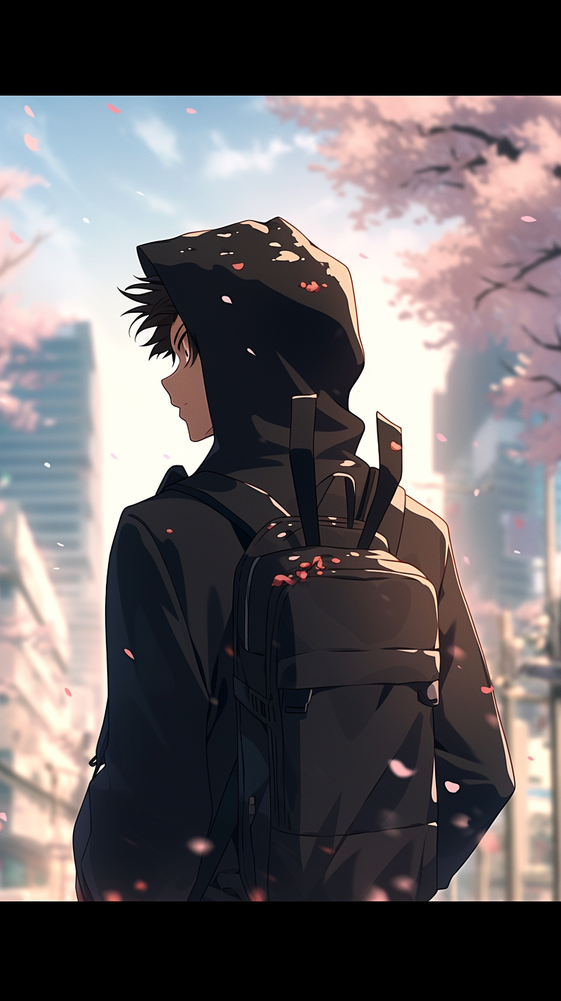 Japanese guy in black hoodie with cherry blossom trees