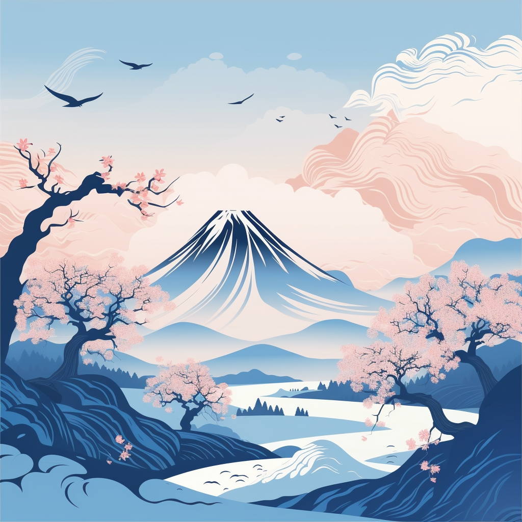 Realistic Japanese Mountain Illustration in Blue and White