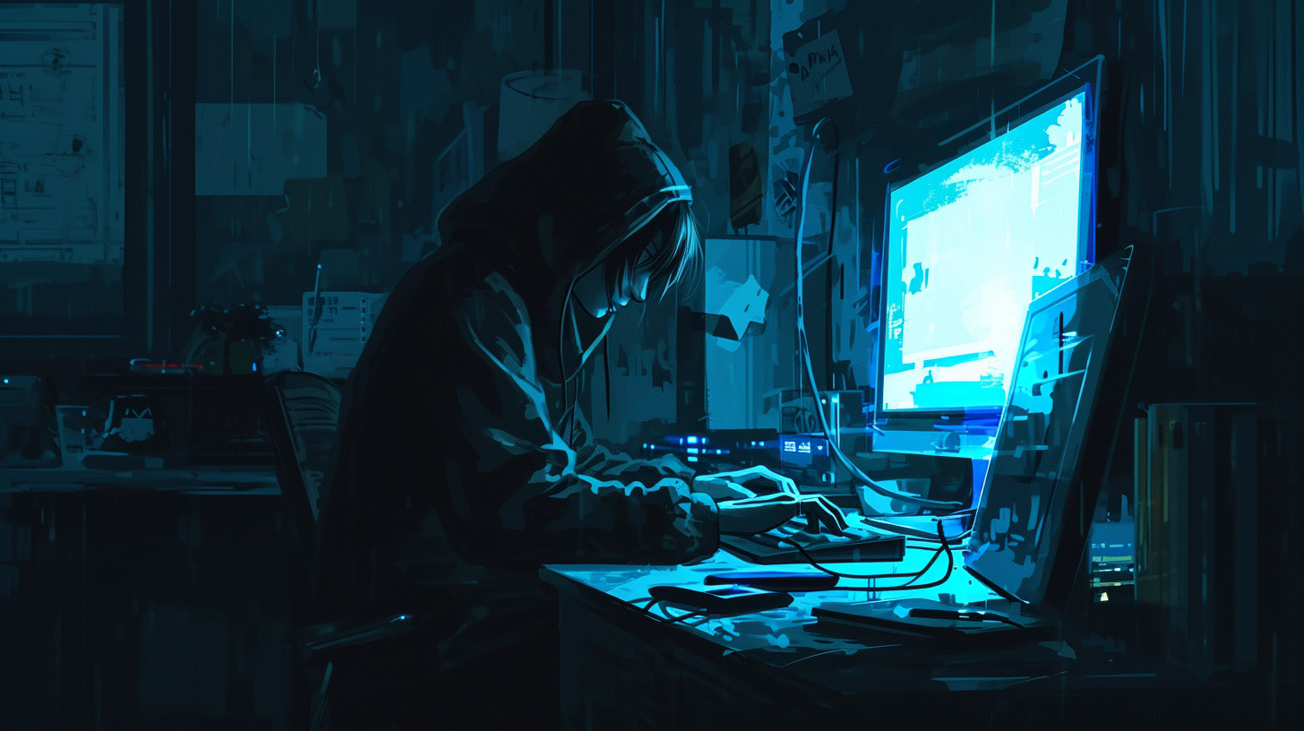 Solitary figure in hoodie, typing on illuminated monitor