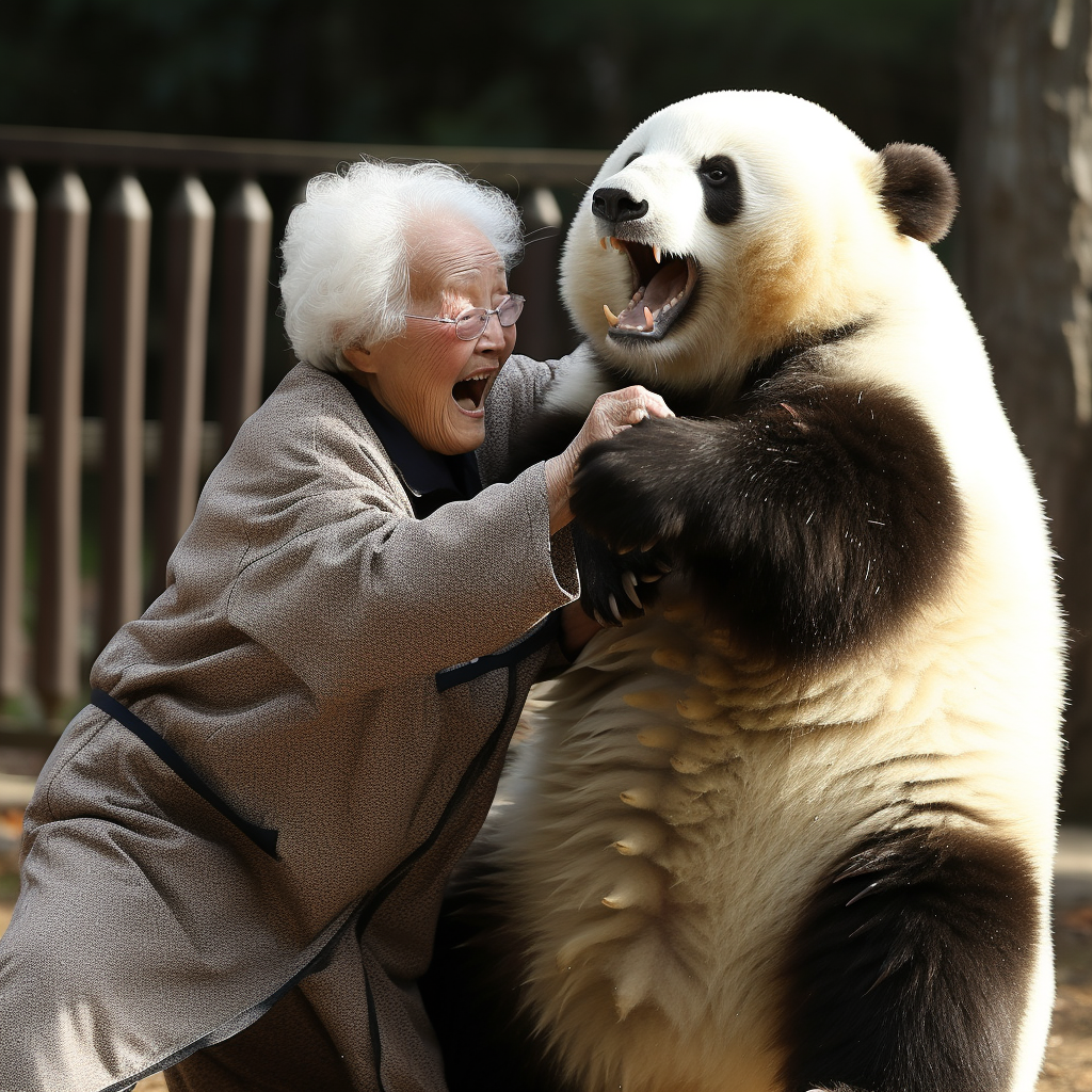 Smiling Japanese Woman Fighting Panda