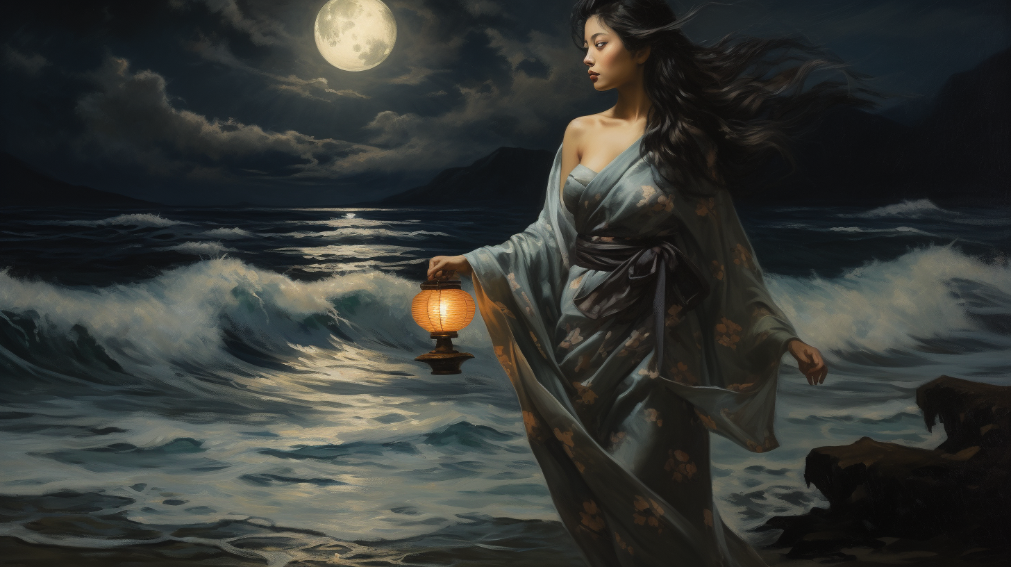 Beautiful Japanese woman staring at ocean with lantern