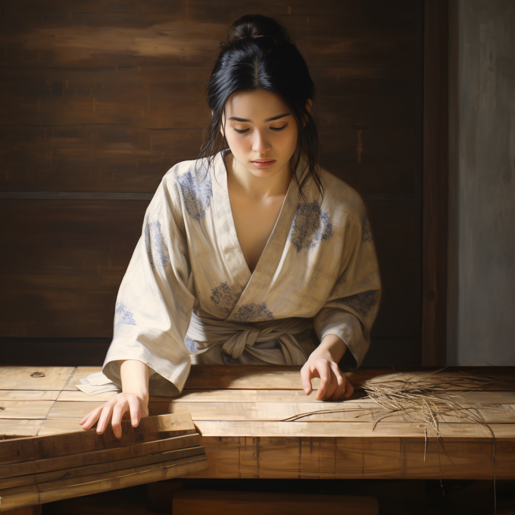 Japanese woman touching wood texture