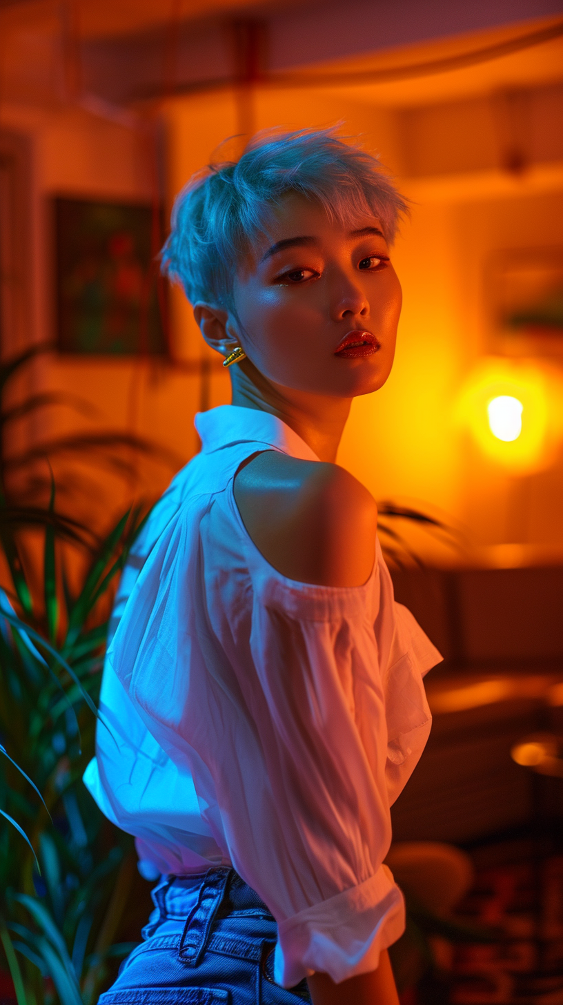 Japanese girl with defined muscles wearing blue jeans and a white blouse