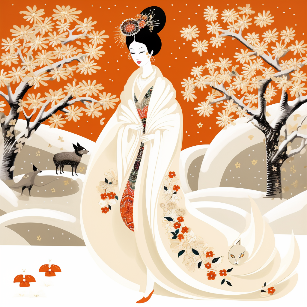 Beautiful Japanese Winter Kitsune Lady in Snow