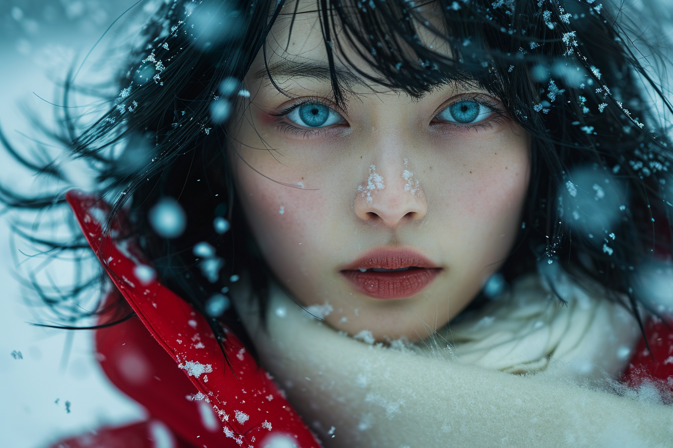 Japanese woman in snowstorm with red coat