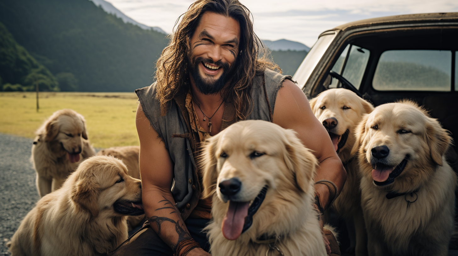 Happy Jason Momoa with Golden Retriever Puppies