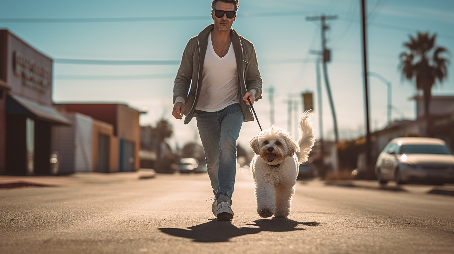Jason Laflore walking a Maltipoo down the street