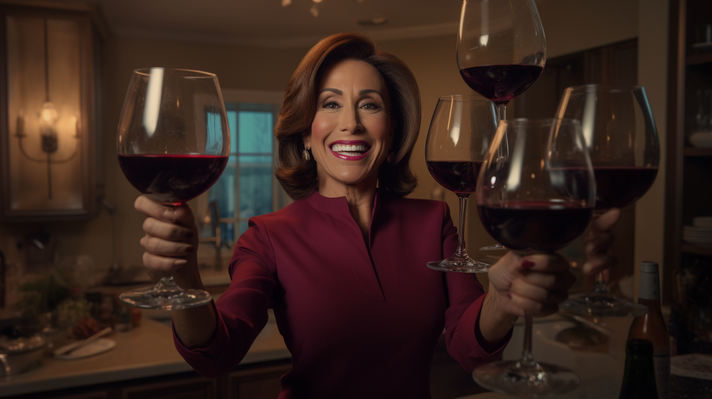 Jeanine Pirro juggling glasses of red wine