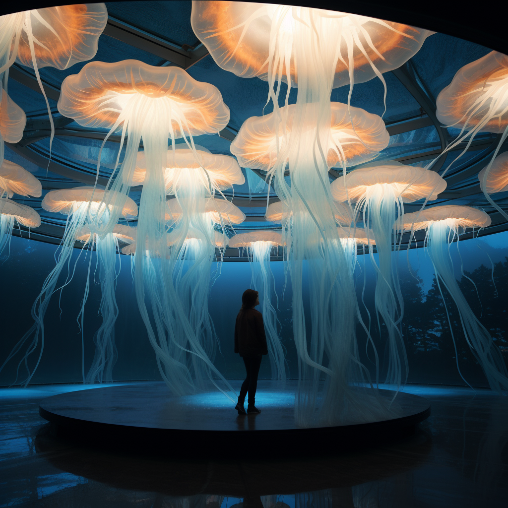 Person inside jellyfish pavilion observing water