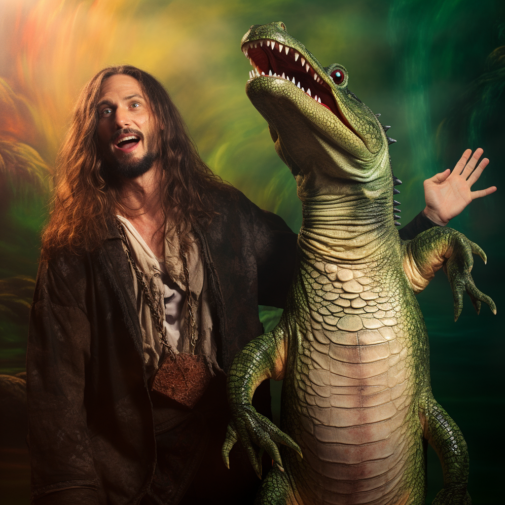 Jesus with Alligator Face Looking for Cam