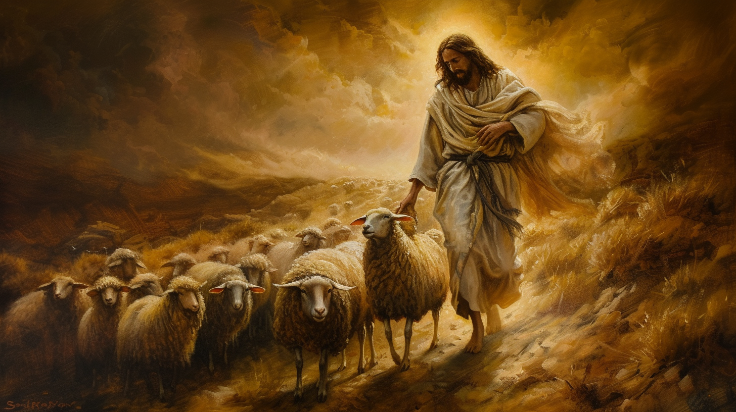 Jesus Christ saving lost sheep in desert