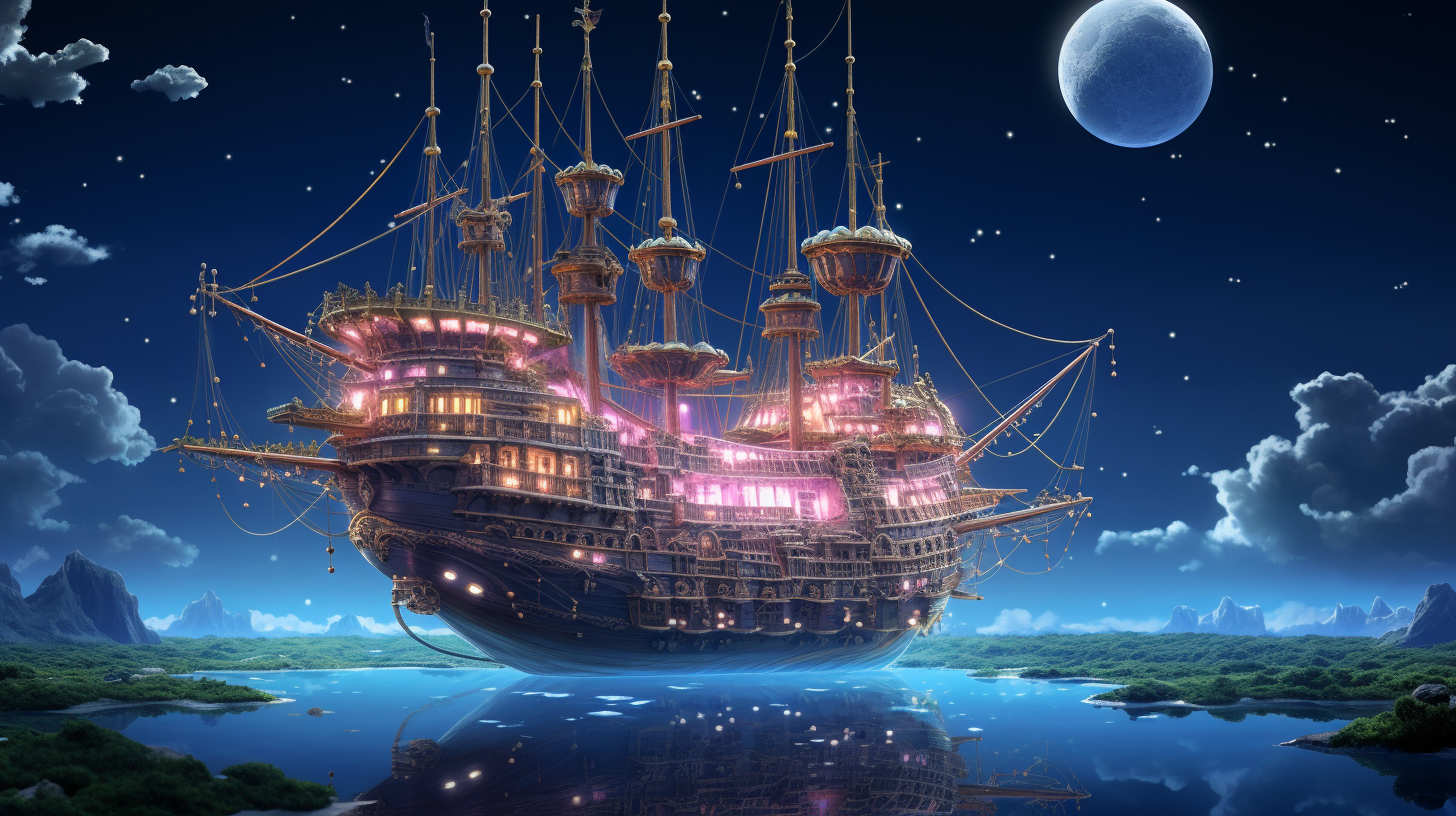 Jeweled airship floating in the night sky