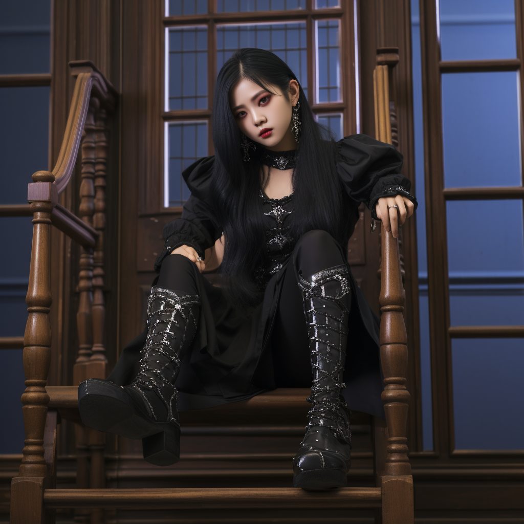 Jisoo in gothic clothes pointing to her boots