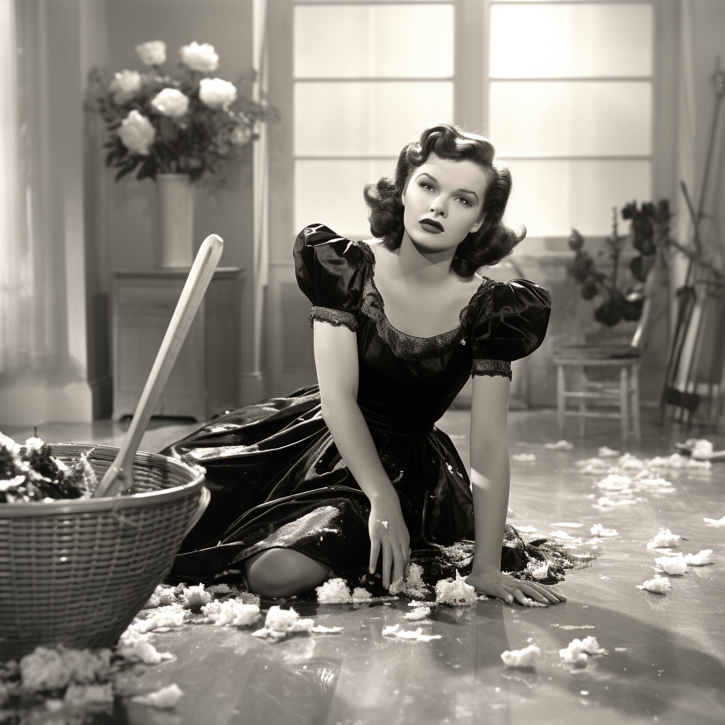 Judy Garland cleaning the floor with a brush