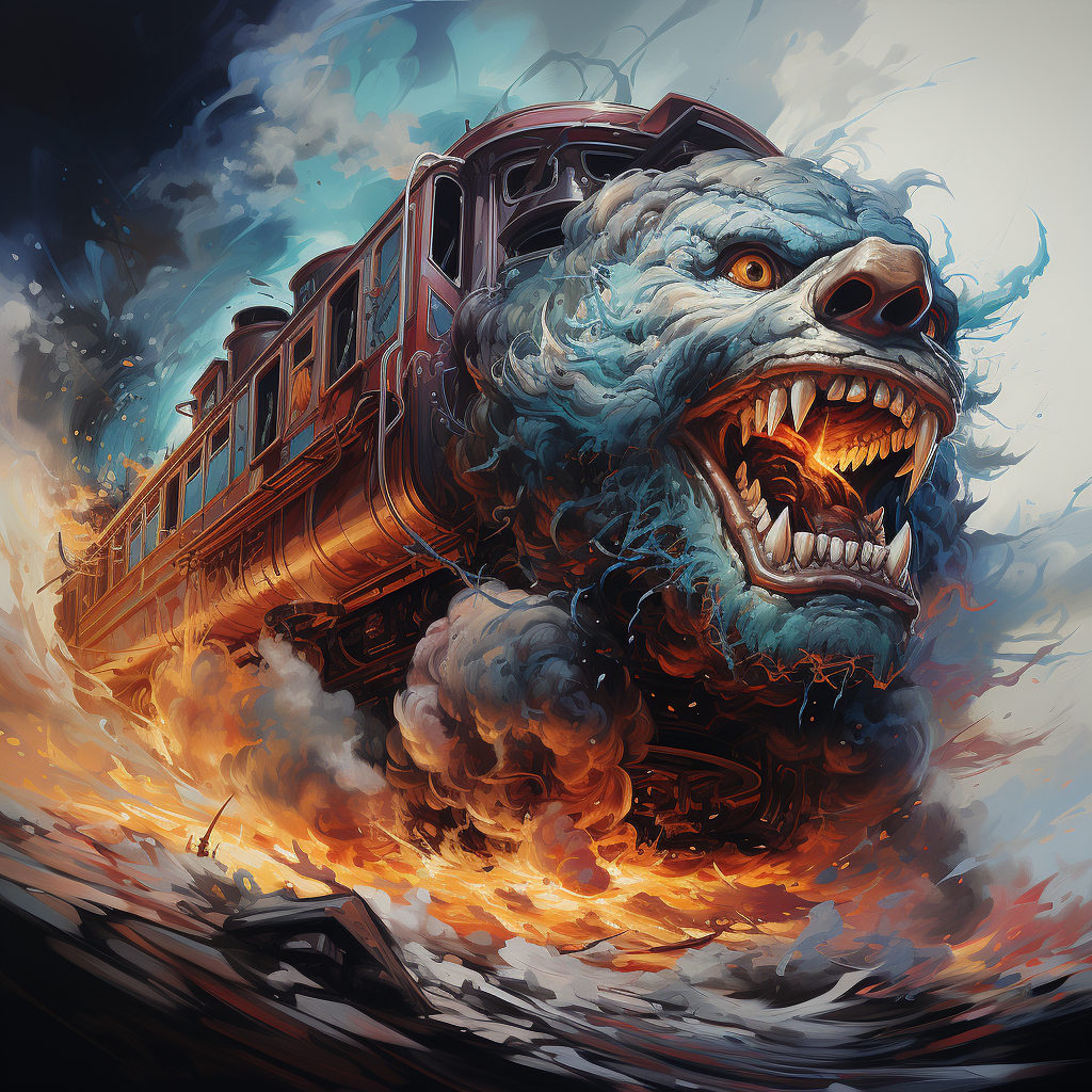 Detailed evil monster jumping off a train