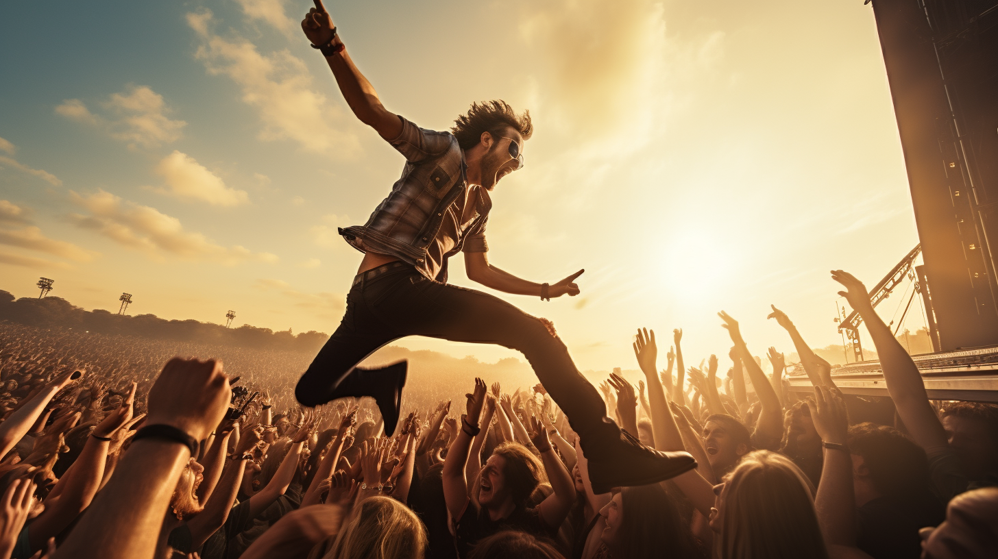 Excited rockstar jumping into the concert crowd