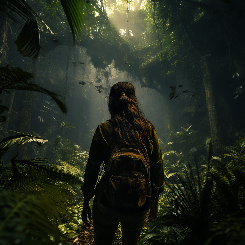 Girl wearing green clothes in jungle