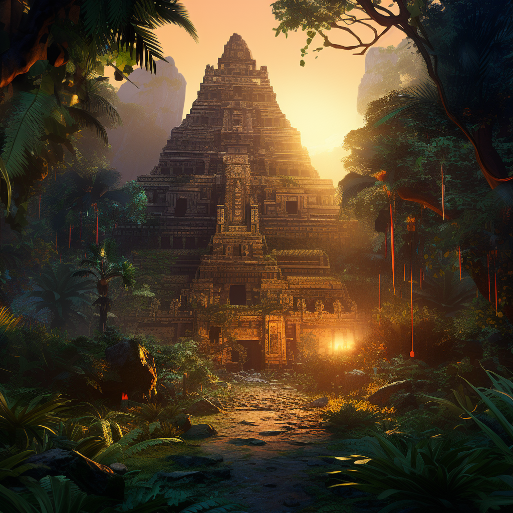 Sketch of jungle temple at dawn