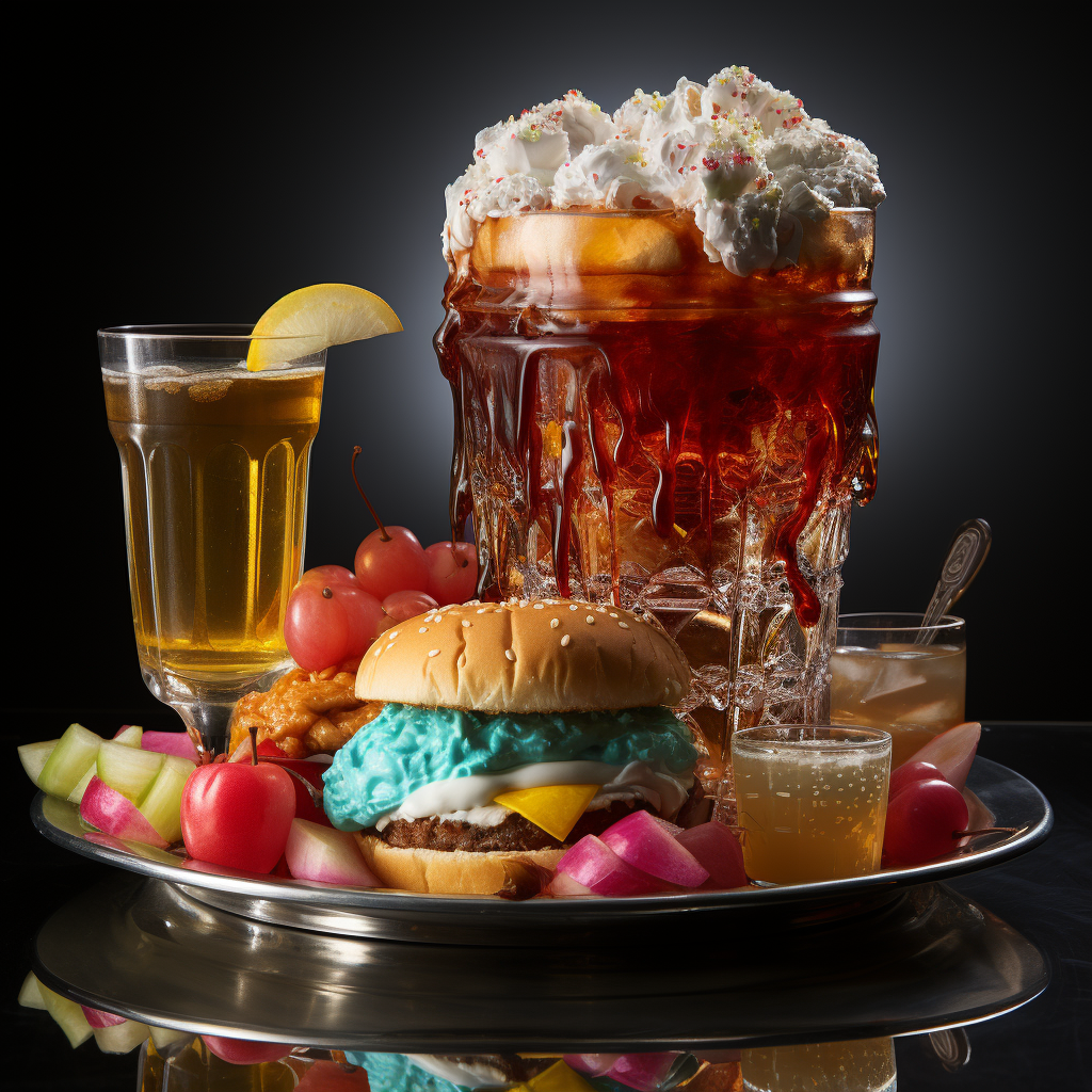 Still Life of Junk Food in Expensive Dishes