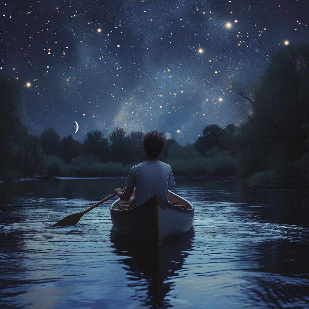 Brown-haired man paddling in a kanu on a river at night with stars and moon