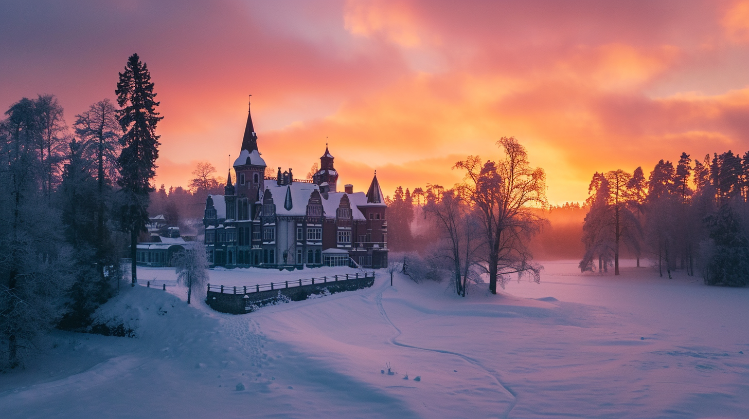 Winter landscape with Karelian Castle Palace