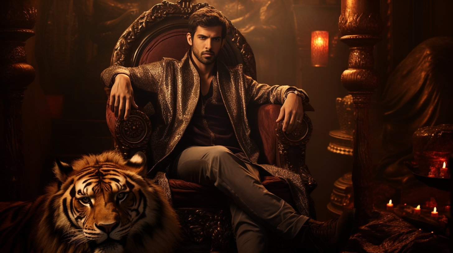 Kartik Aryan sitting on throne with tiger at night