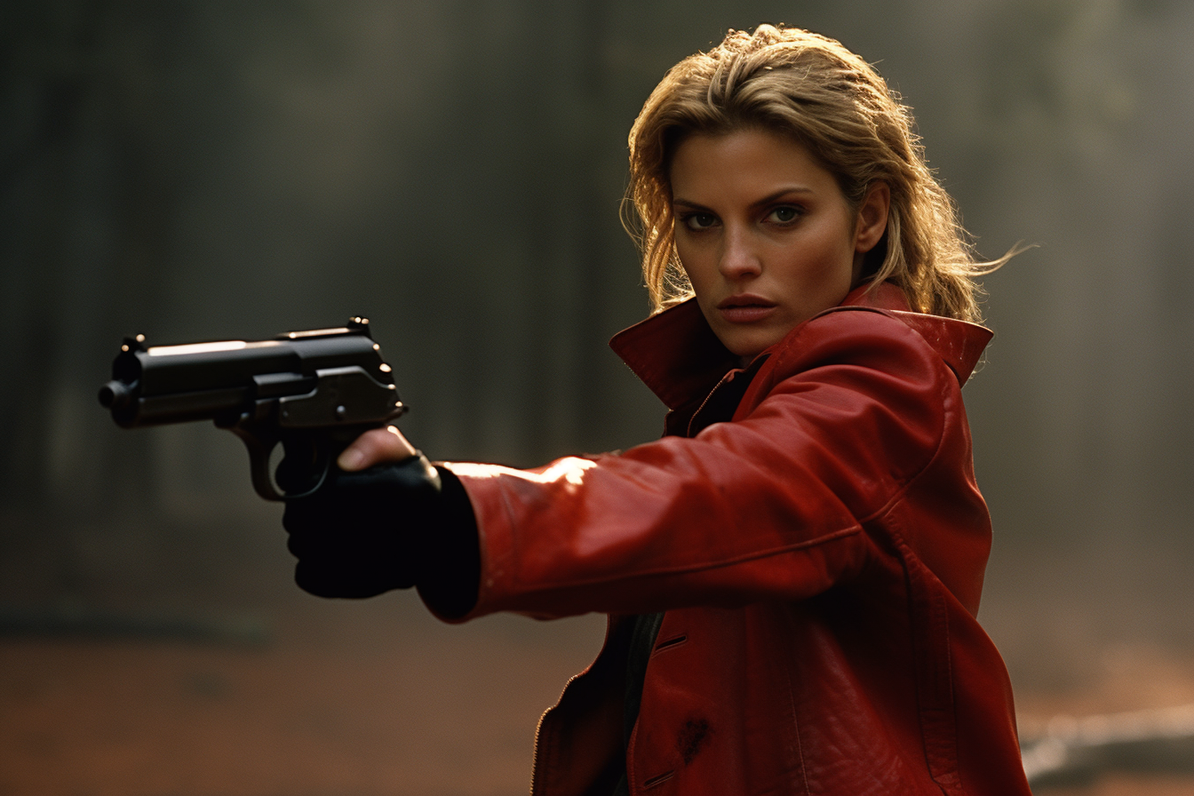 Katee Sackhoff firing a gun in red leather coat